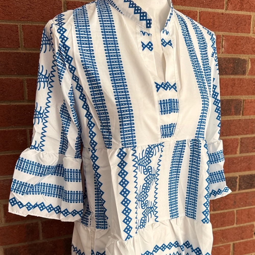 Blue and White Tribal Like Patterned Lightweight Sundress - Picture 3 of 12